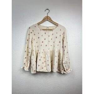Women’s Gauze Cotton Cropped 3/4 Sleeve Top Beige Floral Peaches Blouse 2XL?